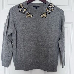 J. Crew Gray Crewneck Sweater with jewel Floral Embellishments